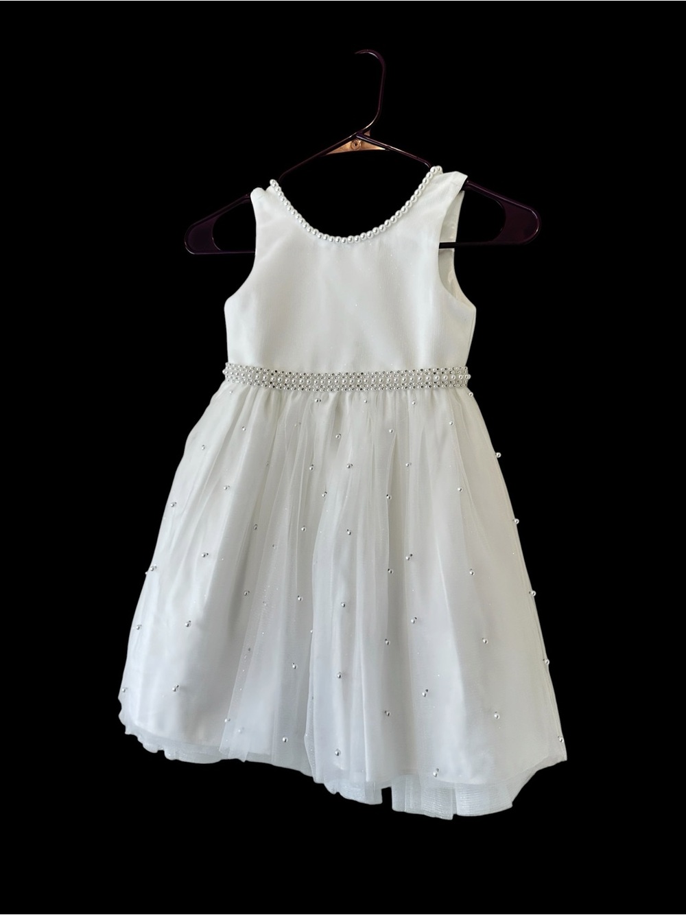Pearl-Trim White Tulle Party Dress for Girls